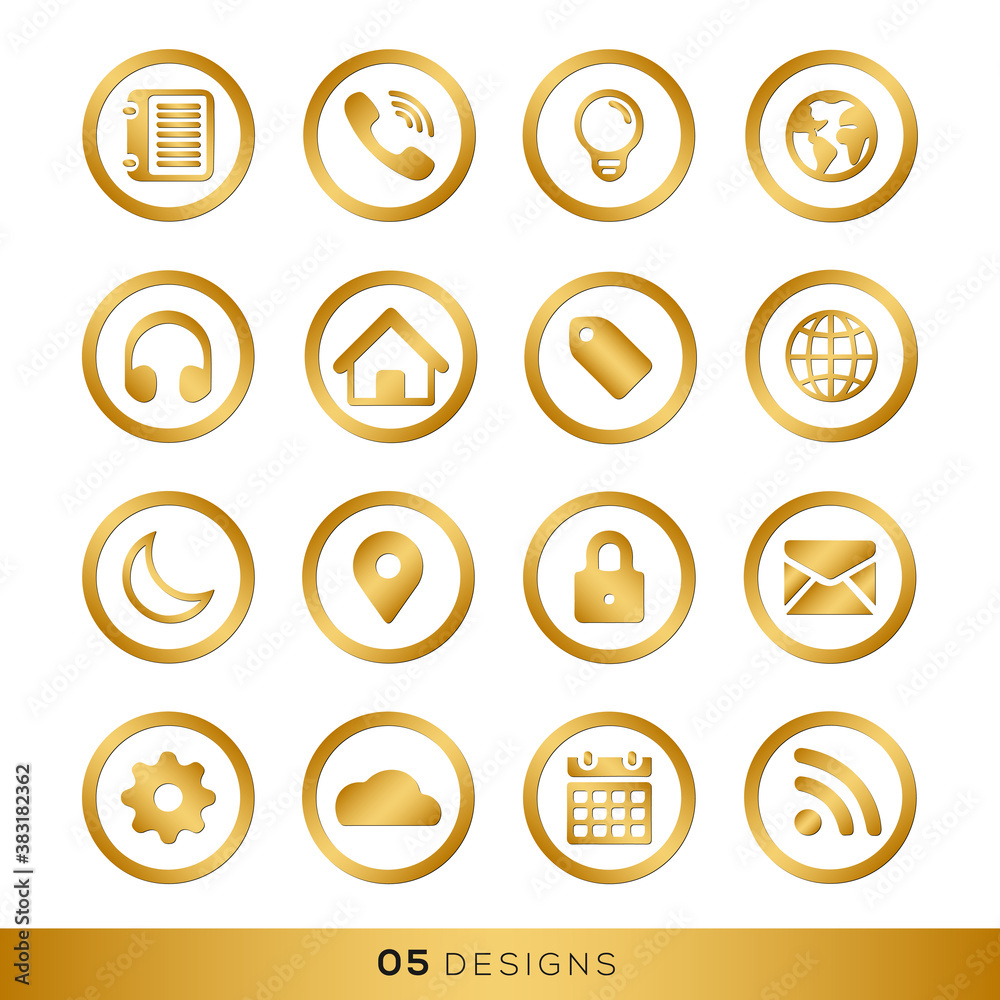 Gold color web icons, social media icons, 2d icons, flat icons, minimal icons, professional icons, best icons, circle icons, round icons, location icons, house icons, contacts icons, globe, internet