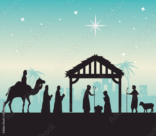 merry christmas nativity mary joseph baby and three wise men silhouette design, winter season and decoration theme Vector illustration