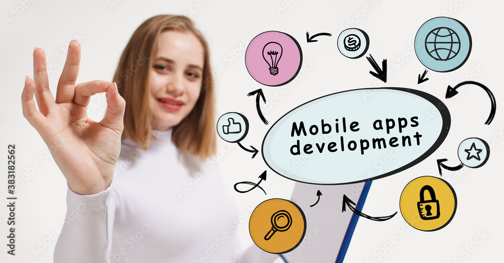 Business, technology, internet and network concept. Young businessman thinks over the steps for successful growth: Mobile apps development Business, technology, internet and network concept. Young businessman thinks over the steps for successful growth: Mobile apps development