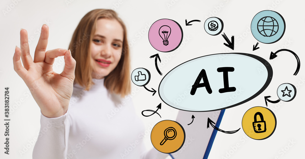 Business, technology, internet and network concept. Young businessman thinks over the steps for successful growth: AI Business, technology, internet and network concept. Young businessman thinks over the steps for successful growth: AI