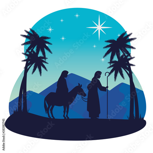 merry christmas nativity mary on donkey joseph and palm trees design, winter season and decoration theme Vector illustration