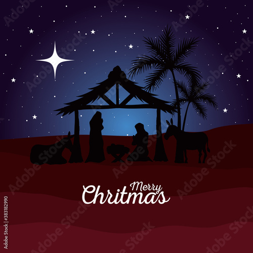 merry christmas and nativity mary joseph and baby in hut at desert design, winter celebration theme Vector illustration