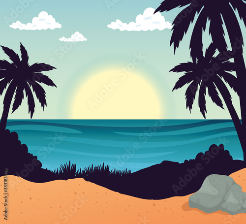 Beach with palm trees stones and sea design  Summer vacation tropical relaxation outdoor nature tourism relax lifestyle and paradise theme Vector illustration