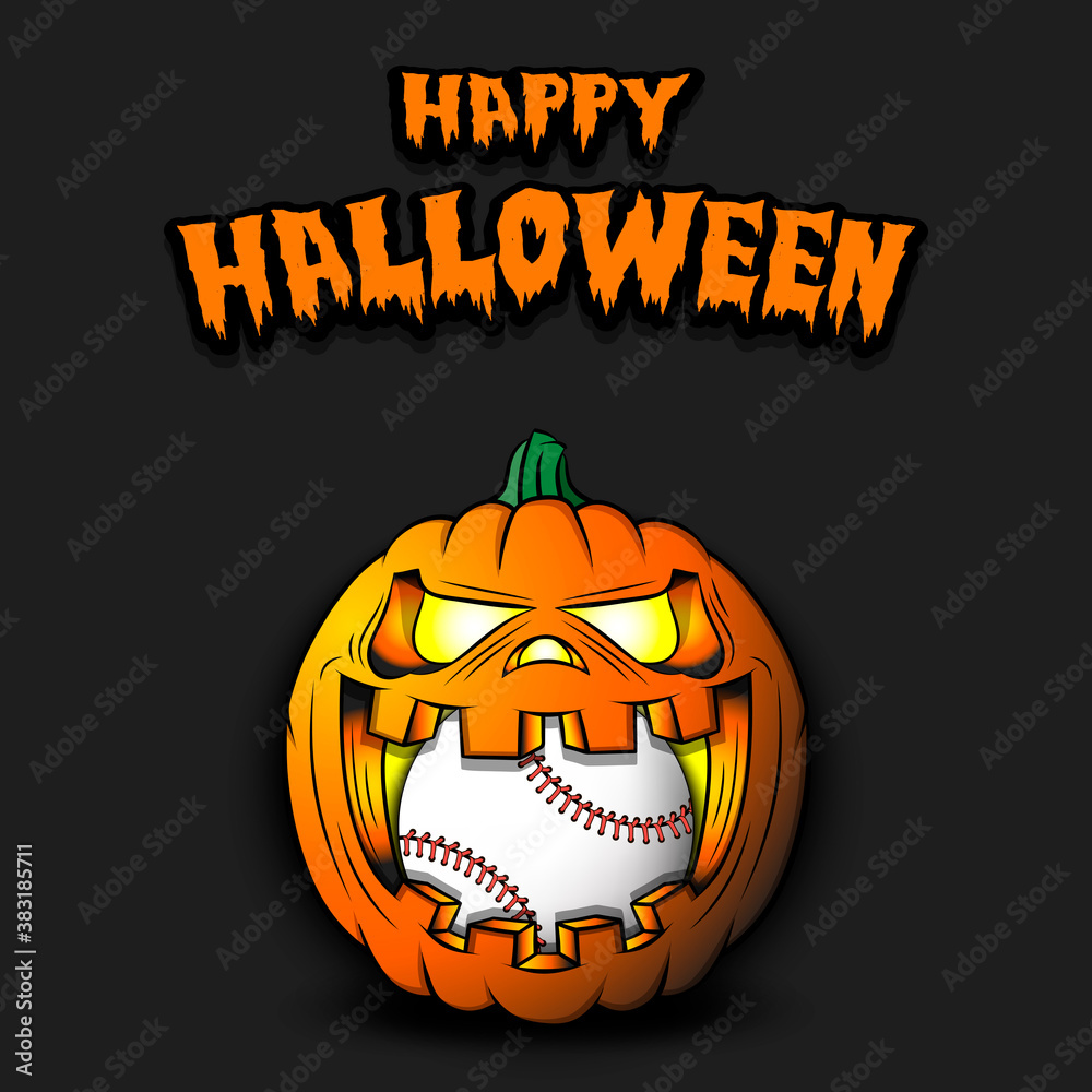 Happy Halloween. Baseball ball inside frightening pumpkin. The pumpkin