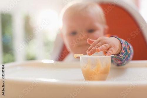 Baby girl in high chair reaching for baby food