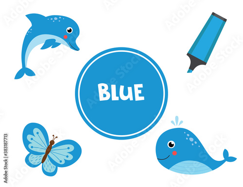 Learning blue color for preschool kids. Educational worksheet.
