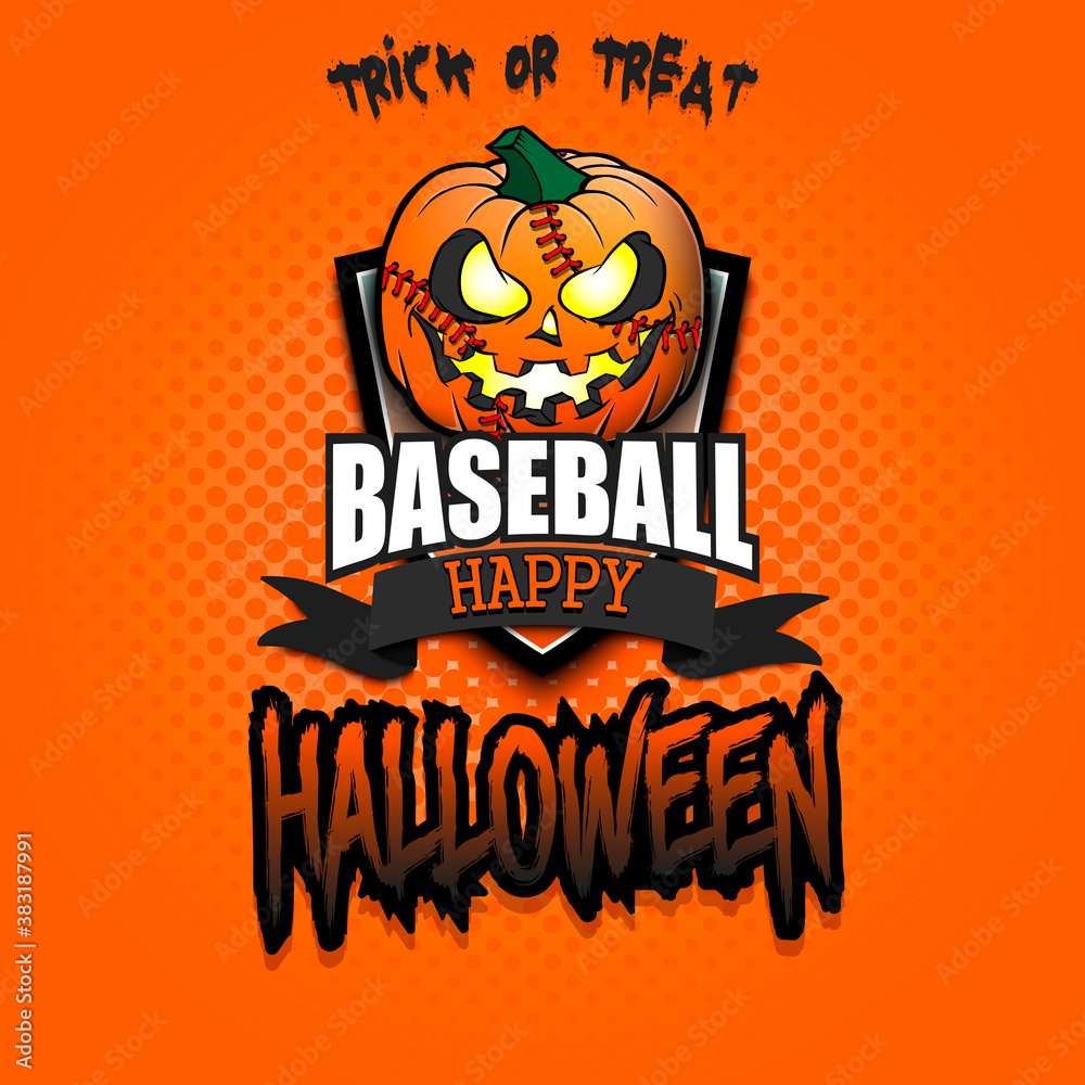 Happy Halloween. Template baseball design. Logo baseball ball in the form of a pumpkin on an isolated background. Pattern for banner, poster, greeting card, party invitation. Vector illustration