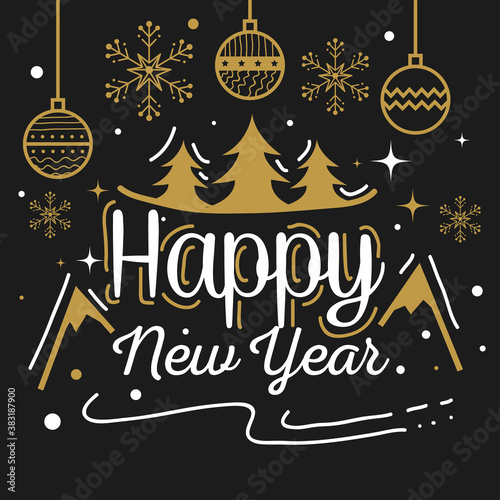 Happy new year with pine tree mountains and spheres design, Welcome celebrate and greeting theme Vector illustration
