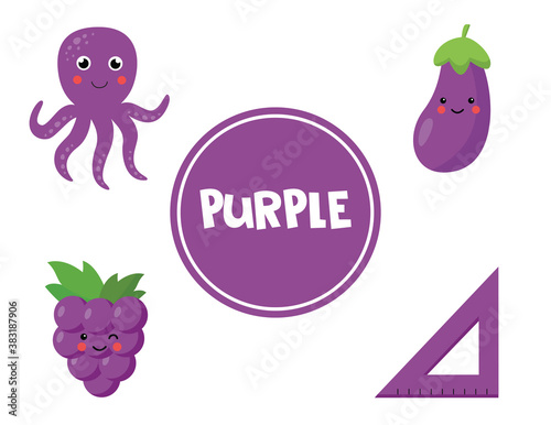 Learning purple color for preschool kids. Educational worksheet.