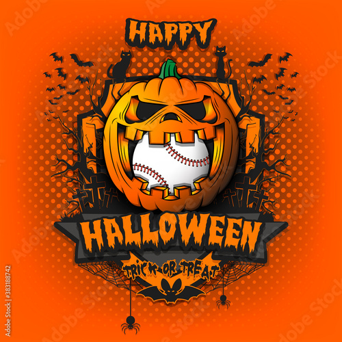 Happy Halloween. Baseball ball inside frightening pumpkin. Cats, bats, spiders, trees, crosses. Design template for banner, poster, greeting card, flyer, party invitation. Vector illustration