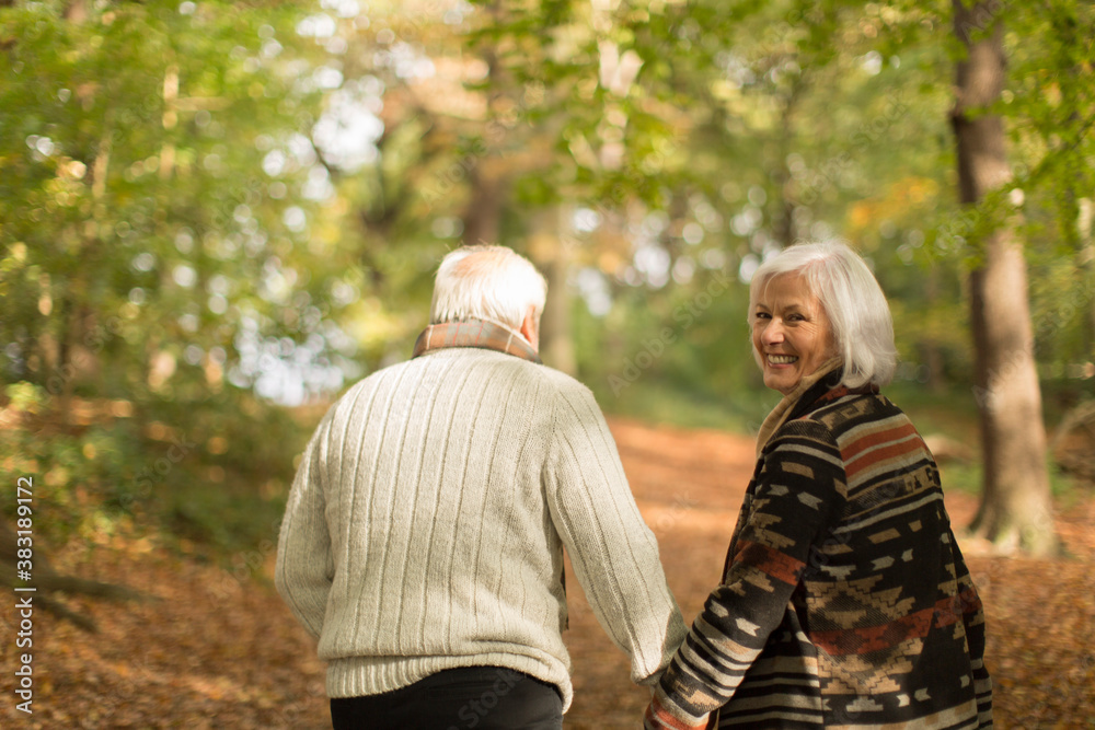 Fototapeta premium Portrait smiling senior couple holding hands and walking in autumn park