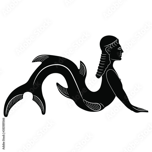 Antique mermaid or siren. Fantastic lady with fish tail. Aquatic mythological creature. Black and white silhouette.