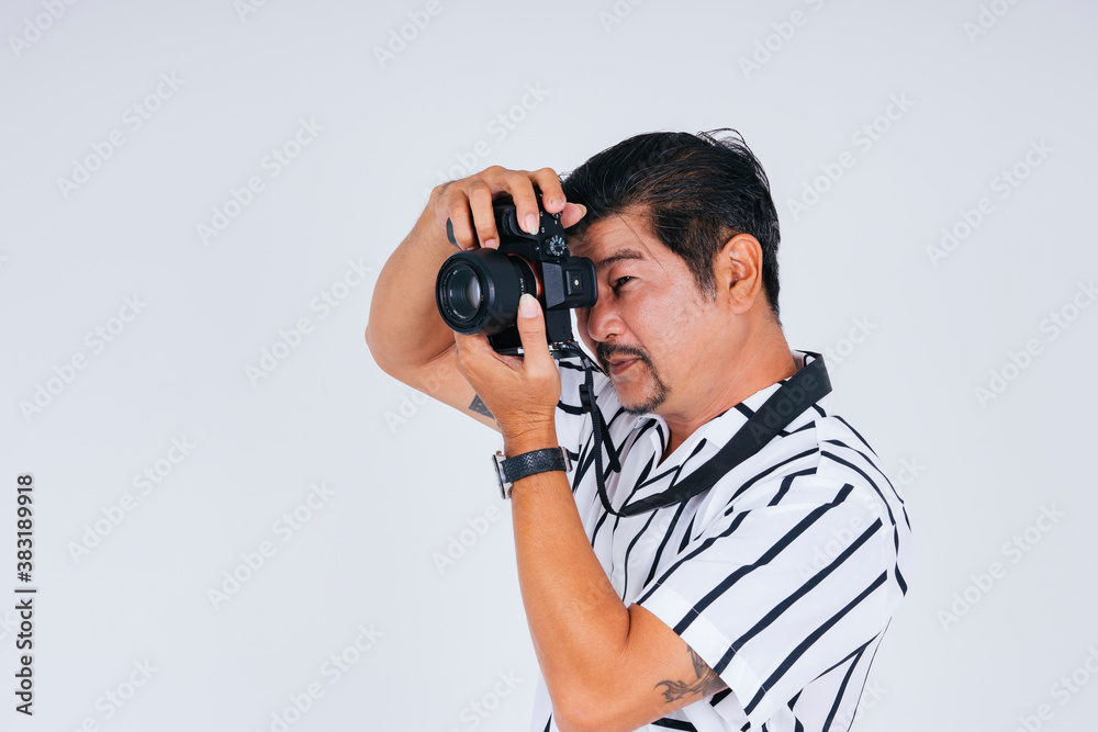 Asian photographer with camera isolate on white background. Asian photographer with camera isolate on white background.