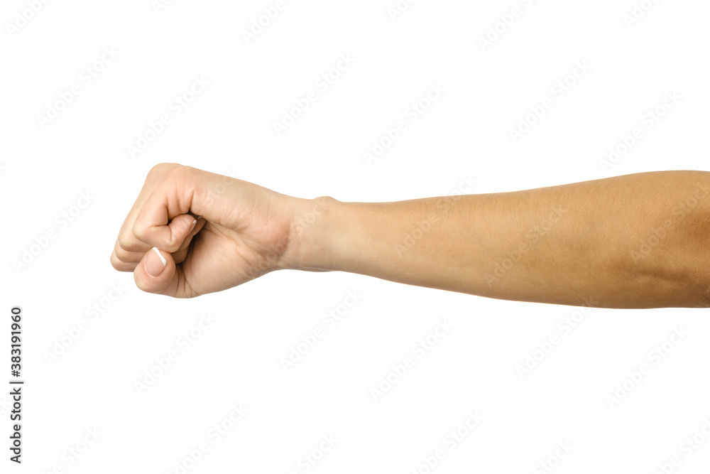Hand clenched in a fist. Woman hand gesturing isolated on white Hand clenched in a fist. Woman hand gesturing isolated on white