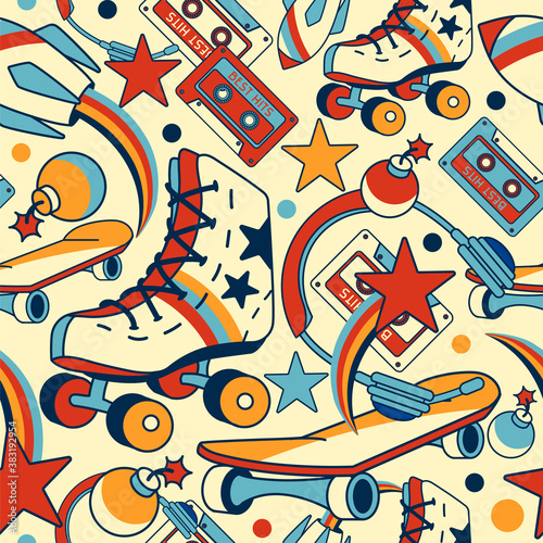 Character seamless pattern with 90 s audio cassette, rollers, skateboard, retro tape cassette. Concept of: vintage music, old school,1980s pop songs.