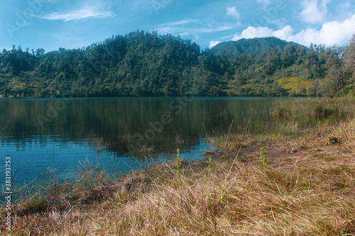 Mountain Landscape with lake at Ranu Kumbolo Semeru Volcano Mountain, East Java, Indonesia.