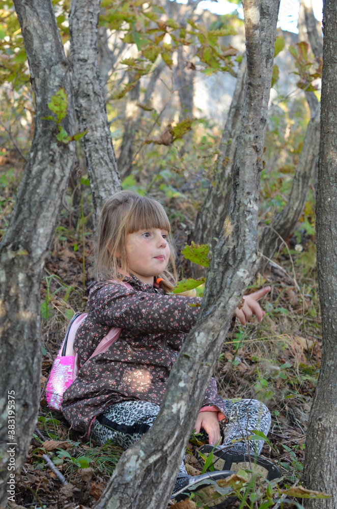 Beautiful portrait caucasian child in autumn forest Beautiful portrait caucasian child in autumn forest