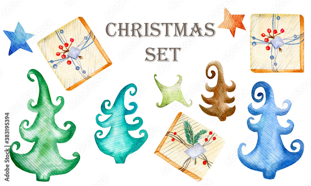 Naklejka premium Set of watercolor elements. Christmas trees, New Year's gifts, stars. Design for gifts, cards, stickers and more