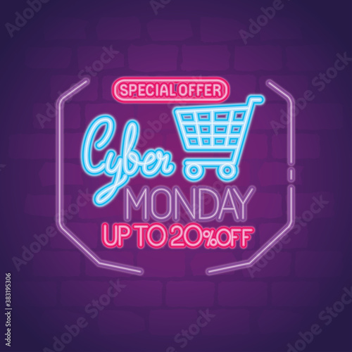 cyber monday neon with cart design, sale ecommerce shopping online theme Vector illustration © Gstudio
