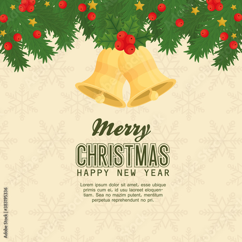 merry christmas happy new year bells with leaves design, winter season and decoration theme Vector illustration