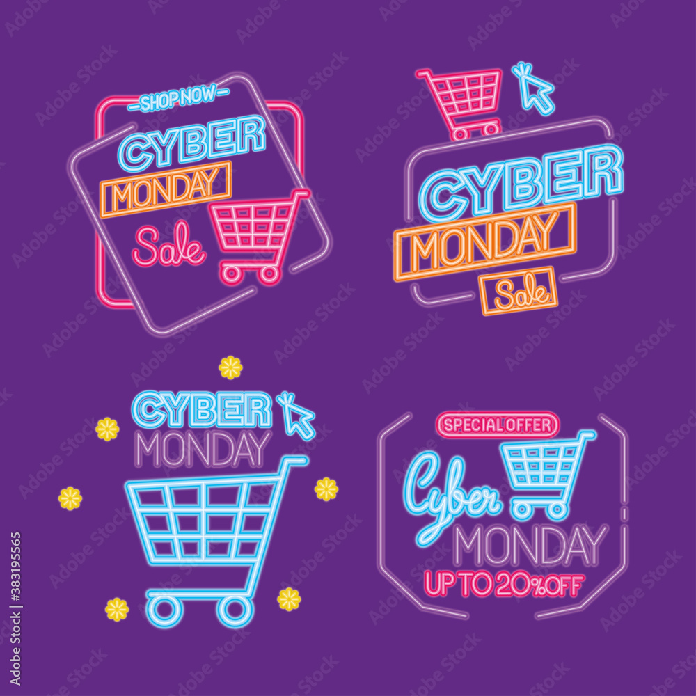 cyber monday neon icon collection design, sale ecommerce shopping online theme Vector illustration cyber monday neon icon collection design, sale ecommerce shopping online theme Vector illustration