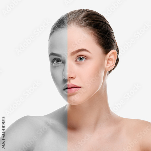 Portrait of attractive smiling girl with clean fresh face the image is split into black and white, monochromatic and color for use in concepts