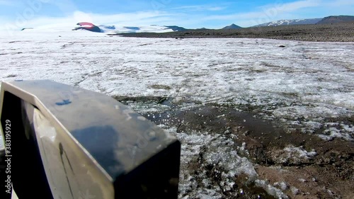Rough and bumpy ride on 4x4 buggy car on the frozen land of Icelandic glacier. View from go pro mounted on side window.