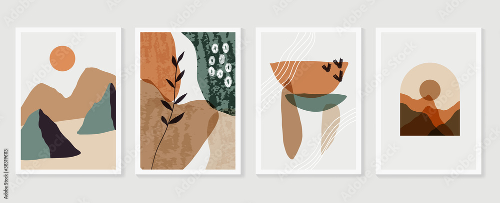 Mountain and Botanical wall art vector set. Earth tones landscapes backgrounds set with moon and sun. Abstract Plant Art design for print, cover, wallpaper and  natural wall art.