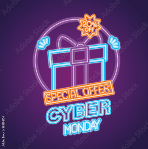cyber monday neon with gift design, sale ecommerce shopping online theme Vector illustration