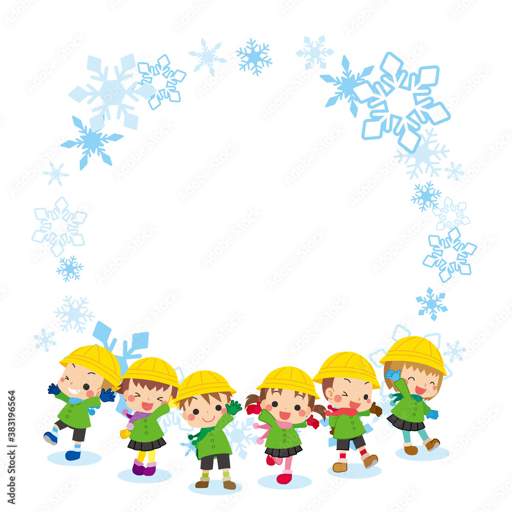 Fototapeta 冬服を着た可愛い幼稚園児キッズグループのイラスト 雪の結晶フレーム Naklejamy Com