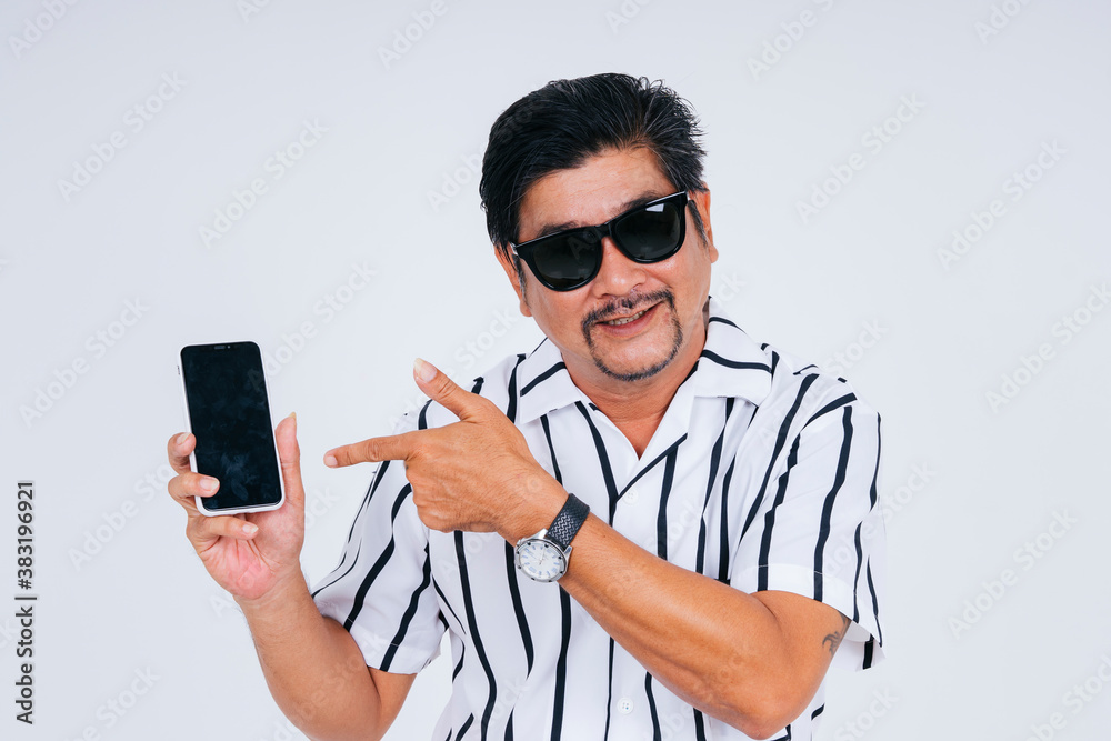 Cool old man showing smartphone screen. Cool old man showing smartphone screen.