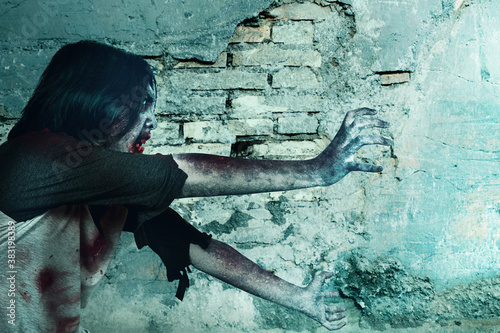 Fototapeta Naklejka Na Ścianę i Meble -  Scary zombie with blood and wound on his body walking