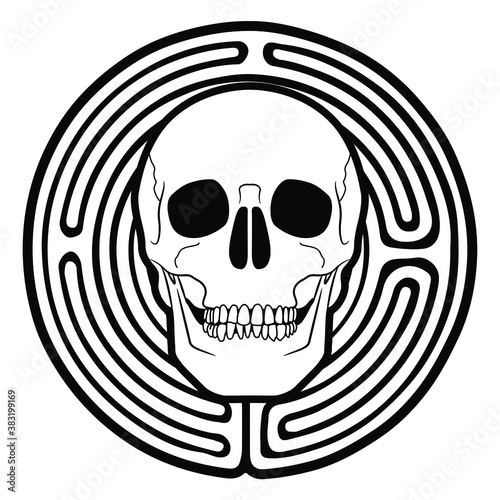 Human skull in maze or labyrinth. Creative concept. Philosophical symbol. Black and white silhouette.