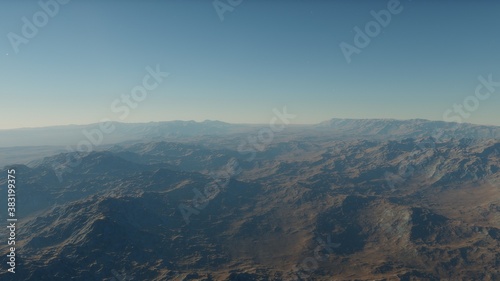 beautiful view from an exoplanet, a view from an alien planet, a computer-generated surface, a fantastic view of an unknown world, a fantasy world 3D render © ANDREI