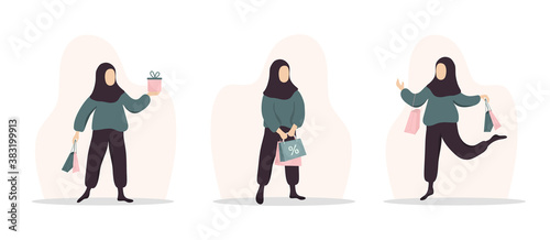 Woman shopping. Happy arab girl carrying bags and gifts. Vector cartoon illustration isolated on white background. Promotion and sale template.