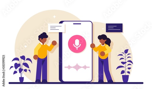 User with voice assistant or voice controlled smart speaker. Voice activated digital assistants, home automation hub, internet of things concept. Modern flat illustration.
