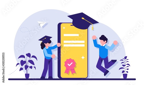 Online education with mobile phone. People and smartphone in square academic cap. Mobile version of the diploma. Modern flat illustration.