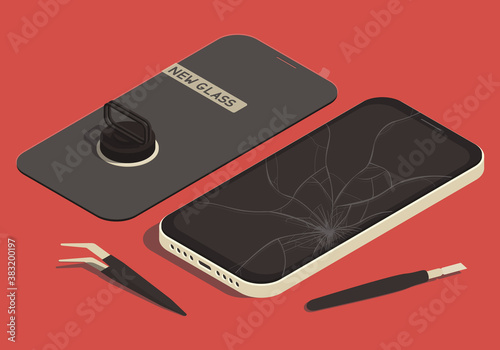 Isometric illustration on the theme of repair smartphone with new glass and tools