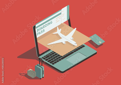Isometric concept on the theme of air travel and buying online tickets