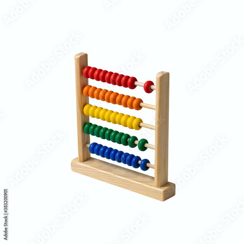 Colorful wooden child abacus isolated over white. math basics on rainbow abacus