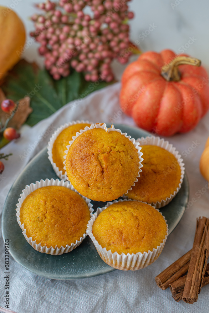 sweet home made vanilla pumpkin muffins on a table