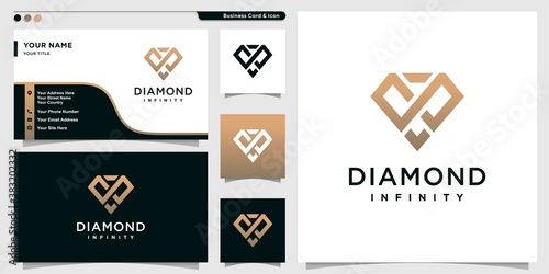 Diamond logo with infinity concept outline style and business card design template Premium Vector