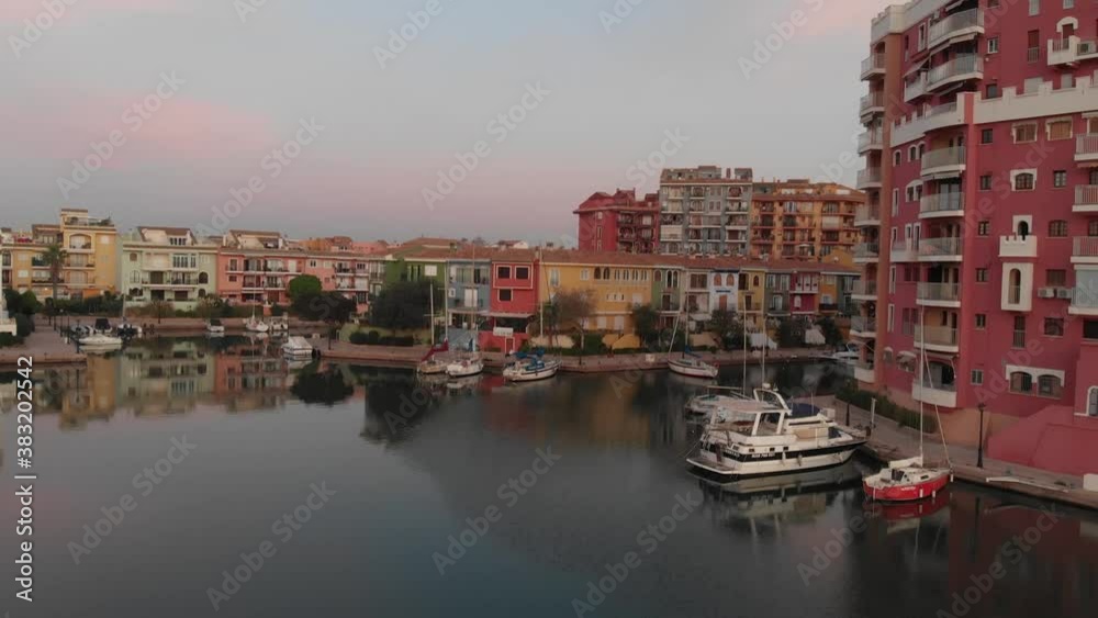 aerial shoot of port Saplaya, bay with yachts, town. with architecture beautiful harbor, traditional picturesque houses and boats. aerial shoot of port Saplaya, bay with yachts, town. with architecture beautiful harbor, traditional picturesque houses and boats.