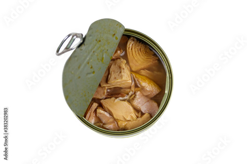 Open tin can of tuna fish isolated on white background