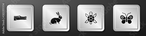 Set Crocodile, Rabbit, Turtle and Butterfly icon. Silver square button. Vector.