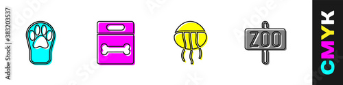 Set Paw print, Dog bone, Jellyfish and Zoo park icon. Vector.