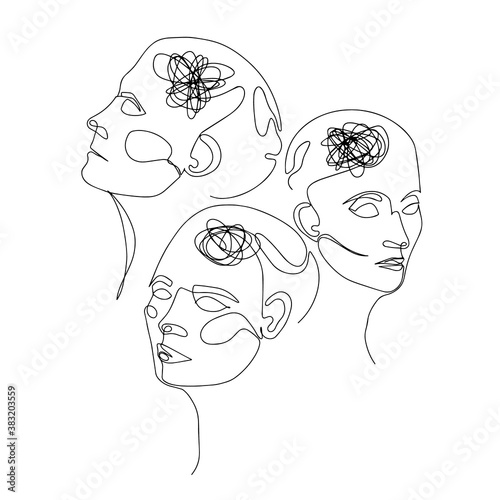 Line Drawing of Three Human Heads With Confused Thoughts In Their Brain. Vector Illustration For Therapist And Psychologist