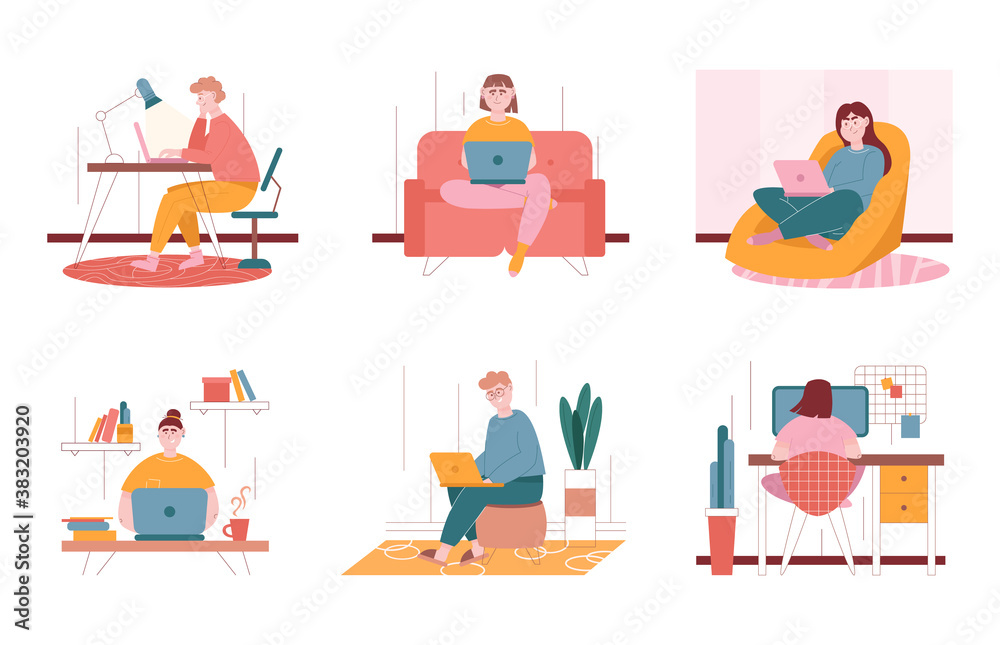 Man and woman characters working with laptop at home. Vector illustration set of freelance people work with computer in comfortable conditions at home. Office desk, couch, chair as a workplace Man and woman characters working with laptop at home. Vector illustration set of freelance people work with computer in comfortable conditions at home. Office desk, couch, chair as a workplace