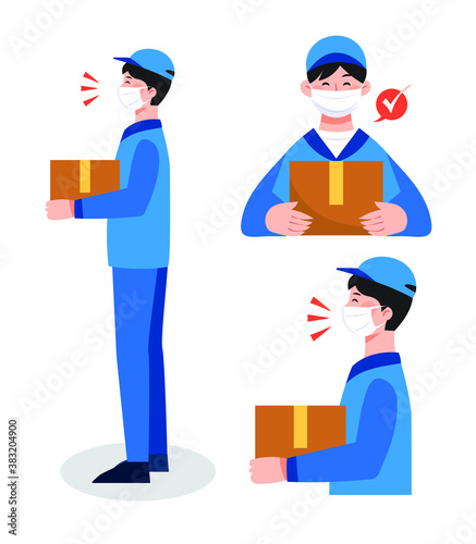 To prevent corona infection, we put on a mask and deliver a courier. A collection of various poses of a delivery man wearing a mask.