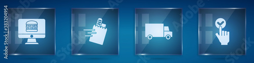 Set Online ordering and delivery, , Fast by car and . Square glass panels. Vector.